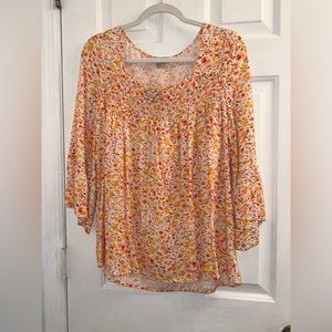 Size small orange red yellow ditzy flower floral print long sleeve blouse